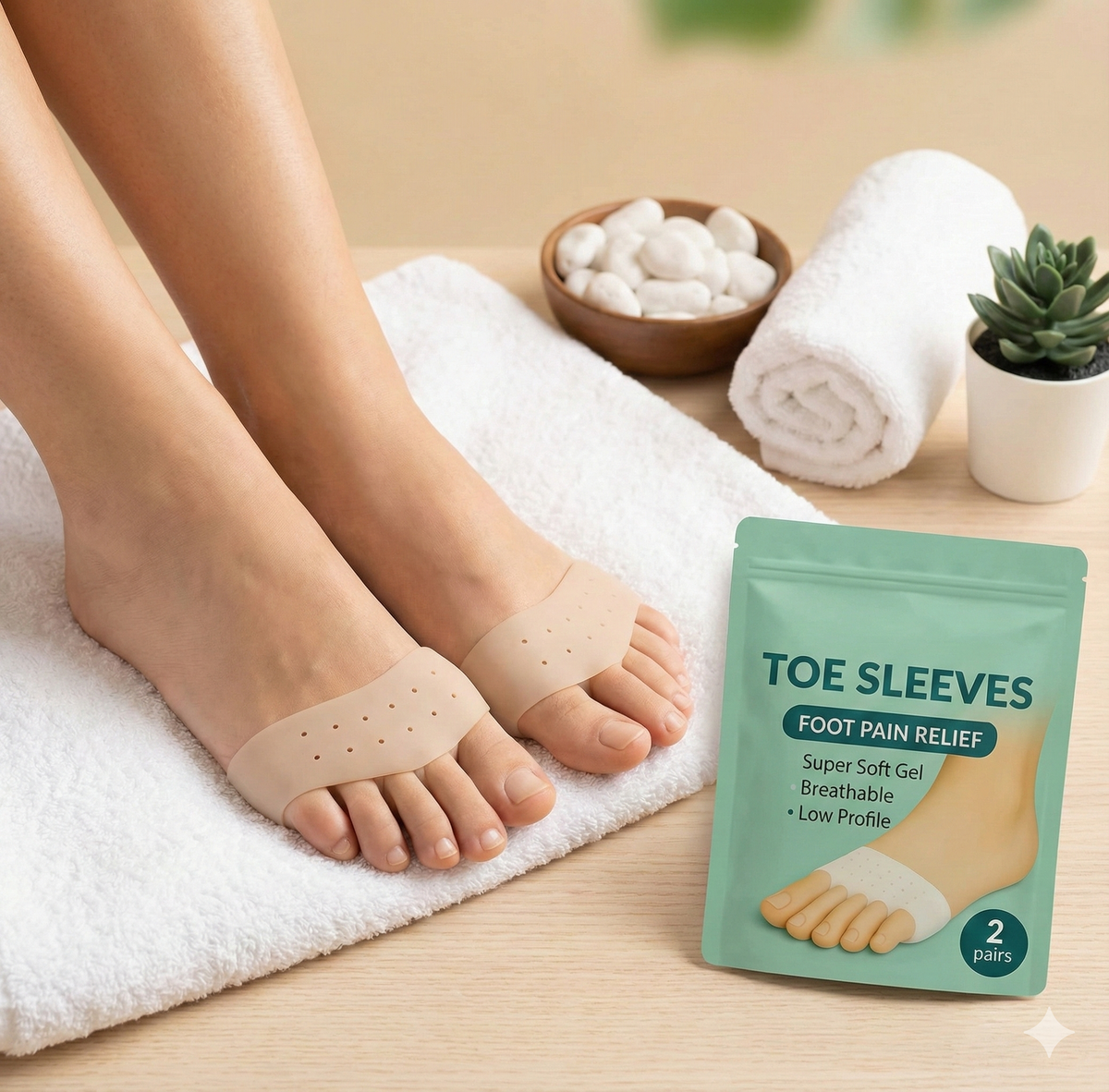 Silicone toe sleeves worn indoors for bunion pain relief, showing soft gel support and comfortable daily use